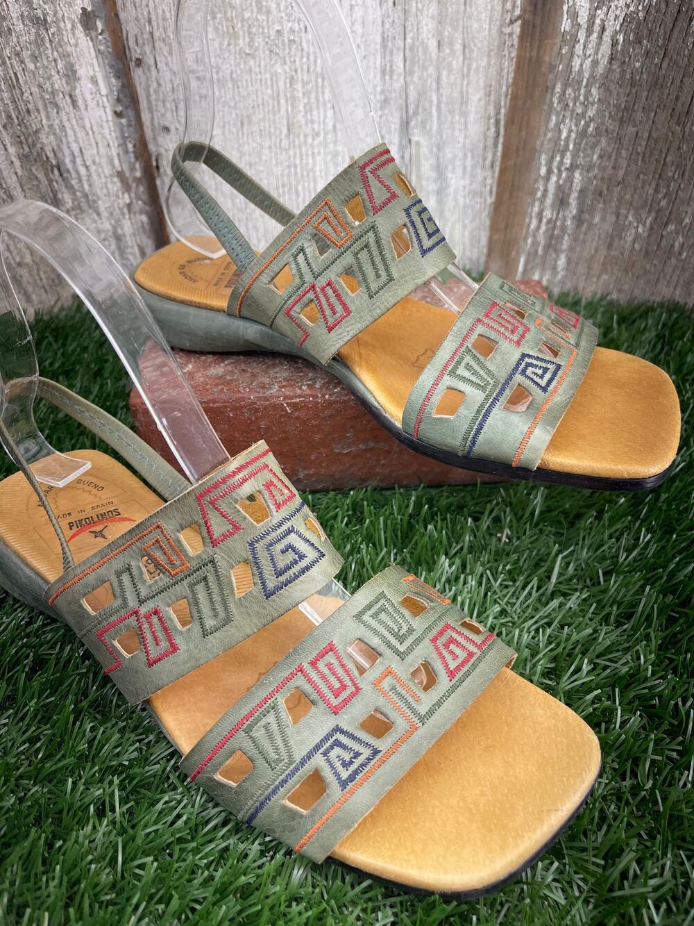 Vintage Pikolinos Green Leather Strappy Sandals Square Toe Artisan EU39 W 8.5
